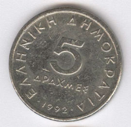 Grecia 5 Drachmai de 1992